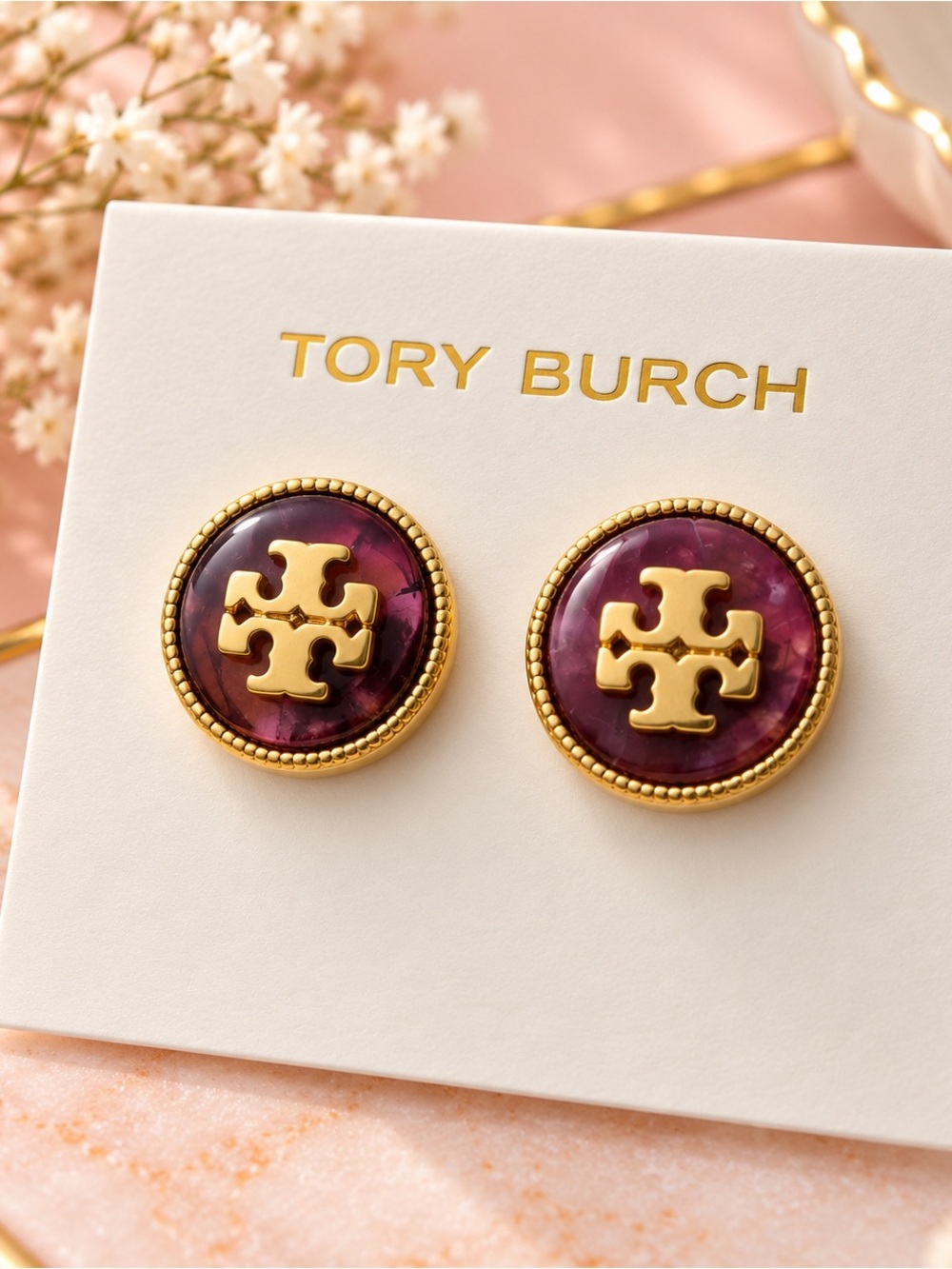 Tory Burch Gold and Deep Purple Logo Button Earrings